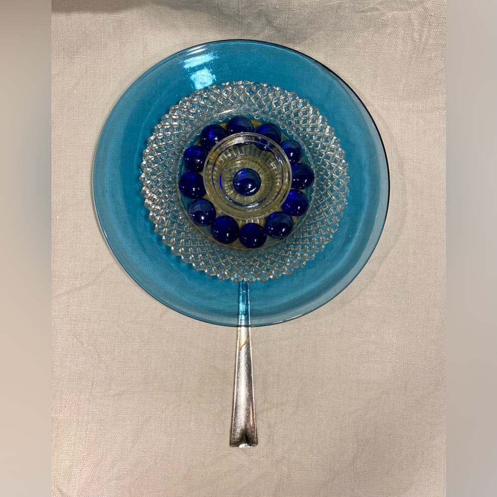 Blue and Clear Glass Plate Flower for Garden Art - upcycled